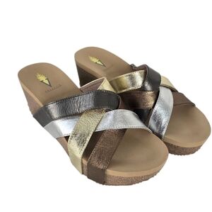 Volatile Metallic Alyssa Wedge Sandals Size 8 Slip On Gold/Silver/Bronze Casual